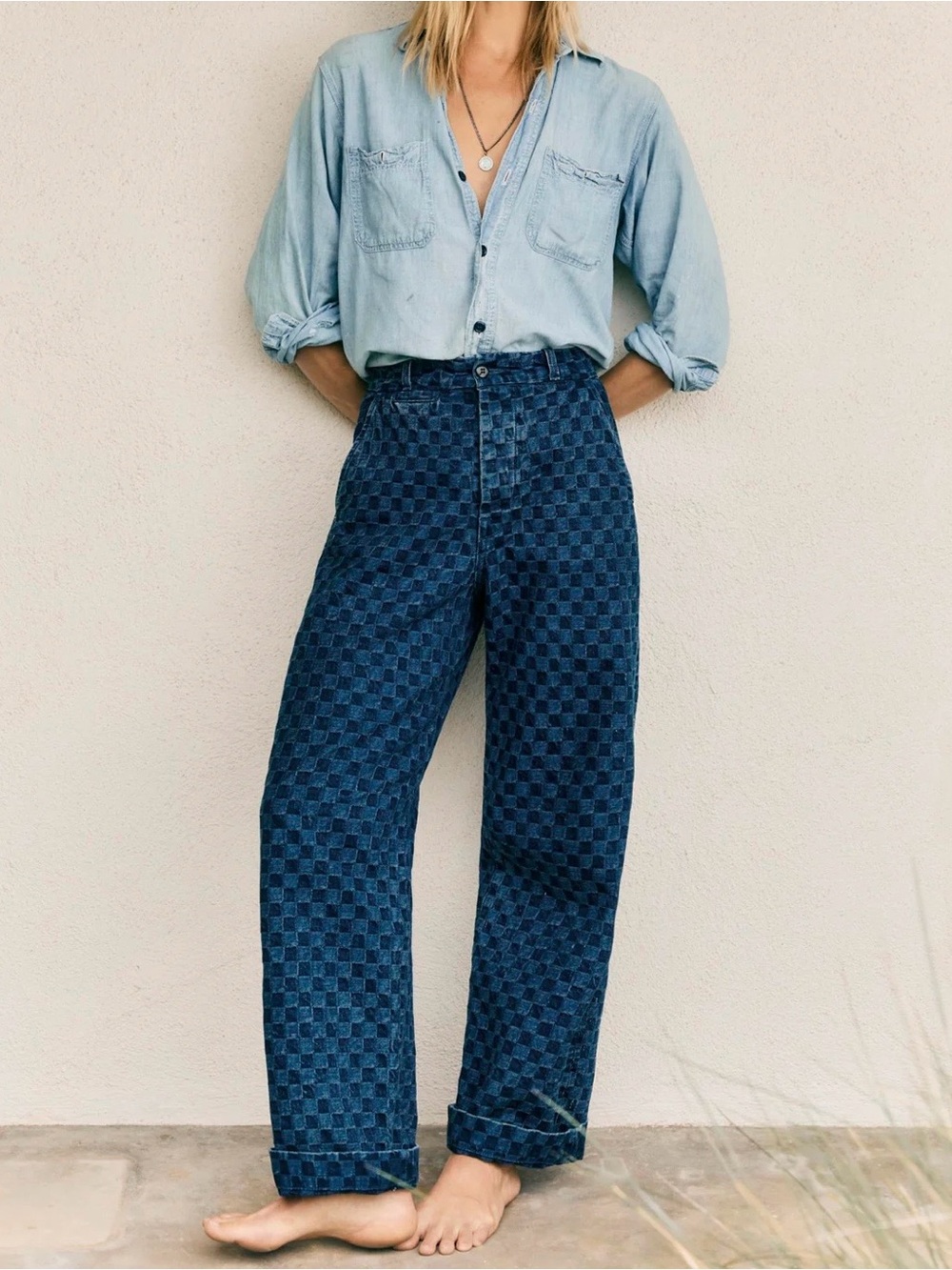 NWT Imogene + Willie Logan Washed Indigo Check Jean Trousers Sz 30